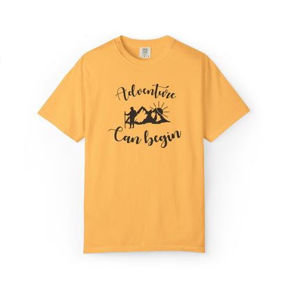 Adventure Can Begin Trendy Tee Enjoyment Mountain Hut Belays Ropes Fun Activities Exploring Unisex Heavy Cotton T-Shirt
