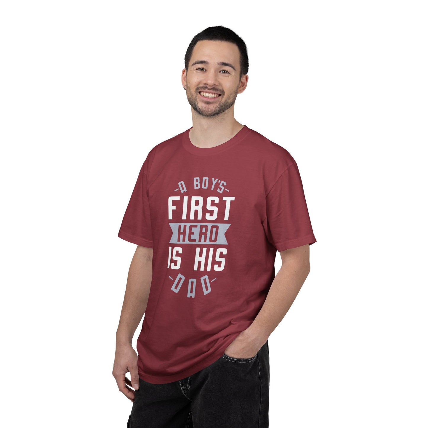 Cute A Boys First Hero Is His Dad Role Model Loving Father Fatherhood Heroic Dad Unisex Heavy Cotton T-Shirt