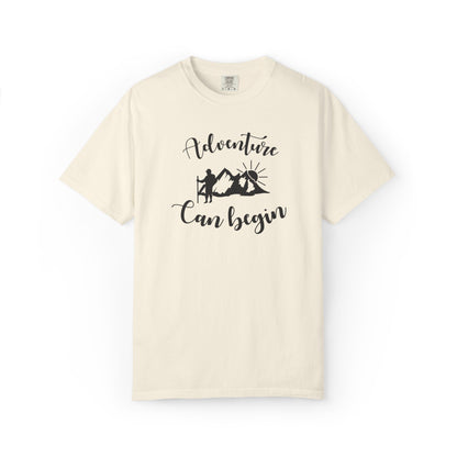 Adventure Can Begin Trendy Tee Enjoyment Mountain Hut Belays Ropes Fun Activities Exploring Unisex Heavy Cotton T-Shirt