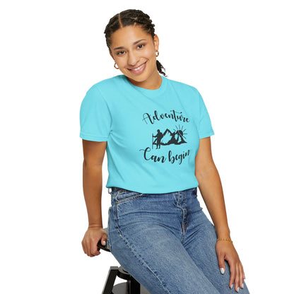 Adventure Can Begin Trendy Tee Enjoyment Mountain Hut Belays Ropes Fun Activities Exploring Unisex Heavy Cotton T-Shirt