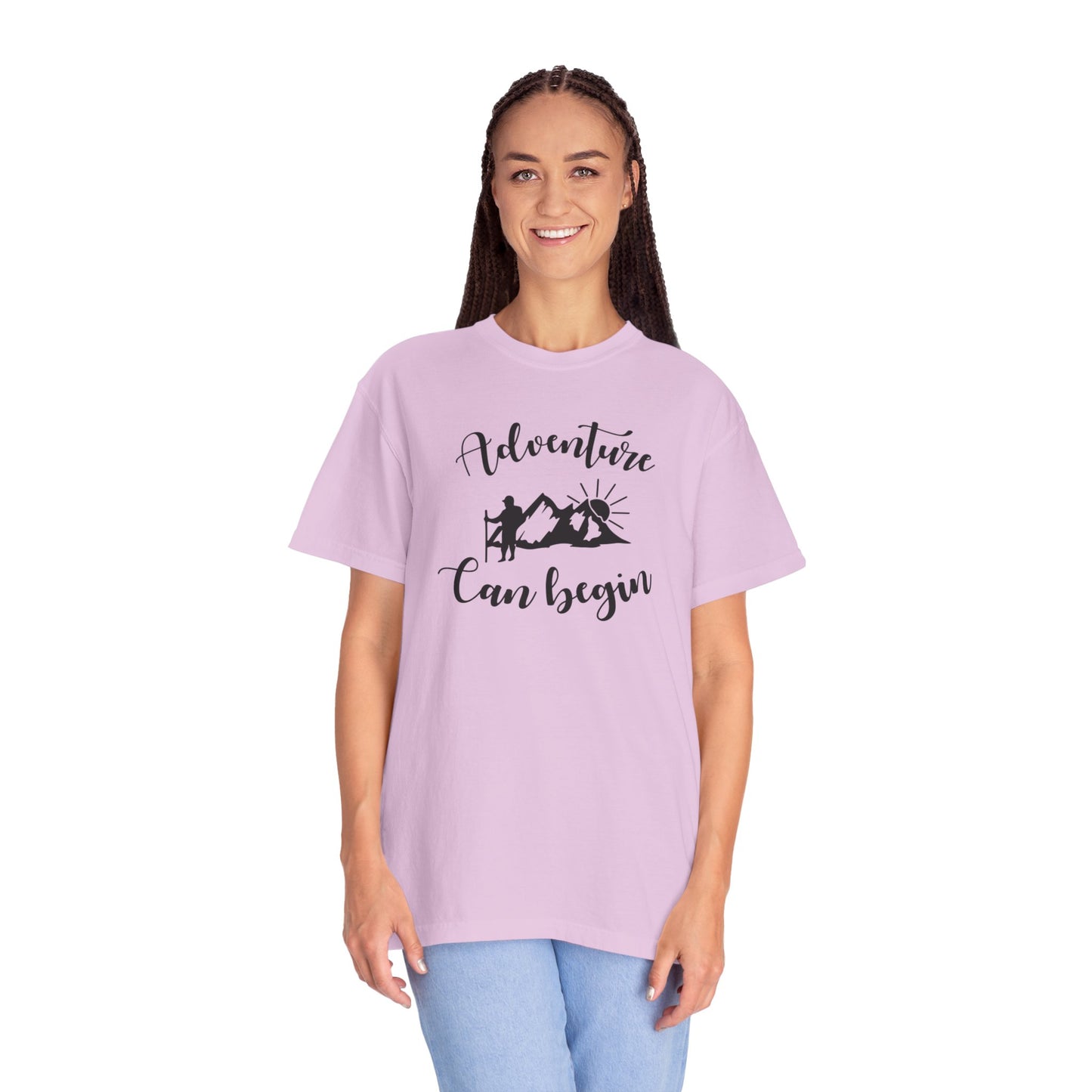 Adventure Can Begin Trendy Tee Enjoyment Mountain Hut Belays Ropes Fun Activities Exploring Unisex Heavy Cotton T-Shirt