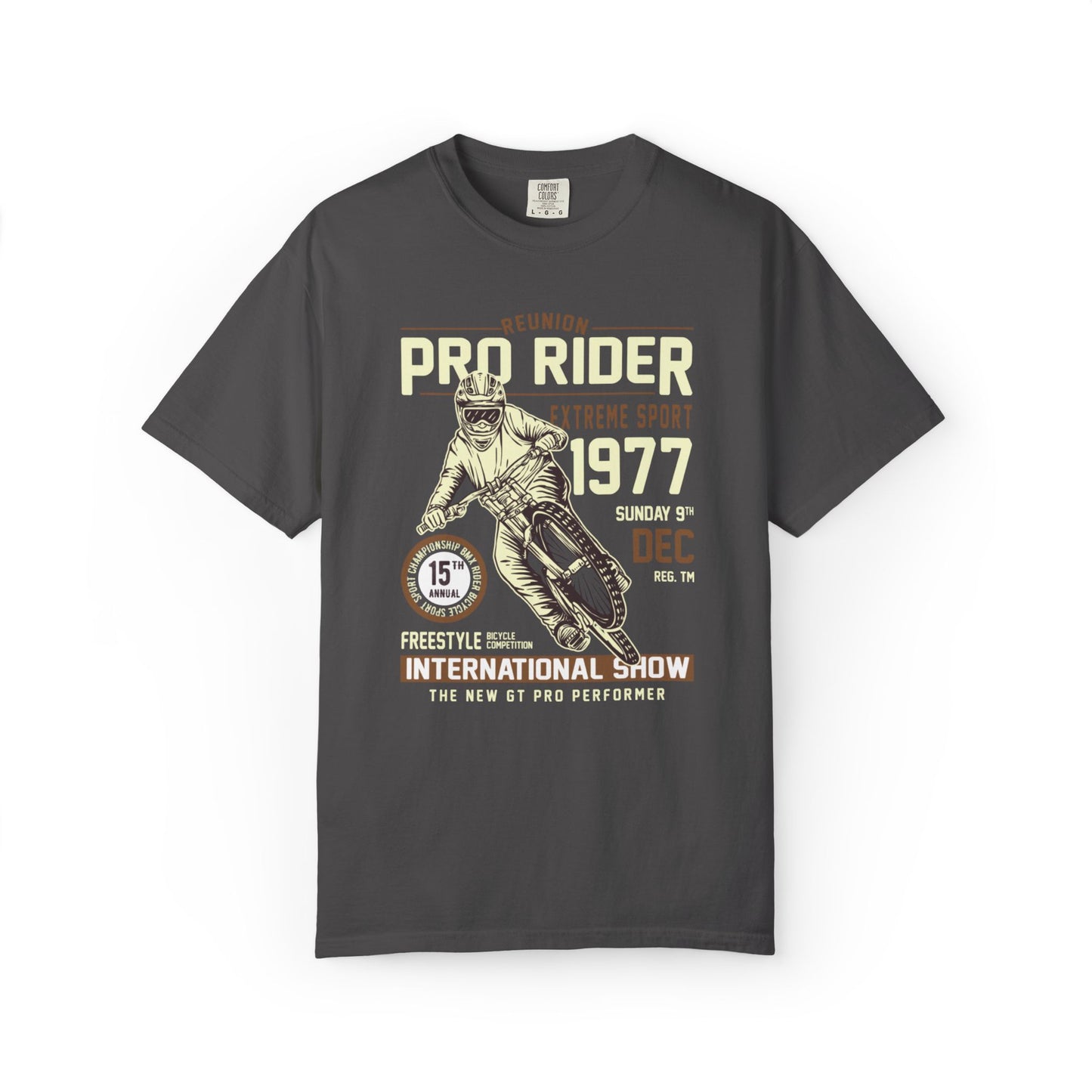Vintage Reunion Pro Rider Extreme Sport 1977 Free Style Retro Bicycle Two Wheeled Adventure Unisex Heavy Cotton T-Shirt