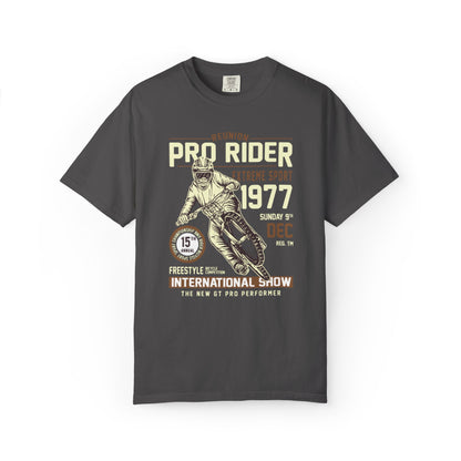 Vintage Reunion Pro Rider Extreme Sport 1977 Free Style Retro Bicycle Two Wheeled Adventure Unisex Heavy Cotton T-Shirt
