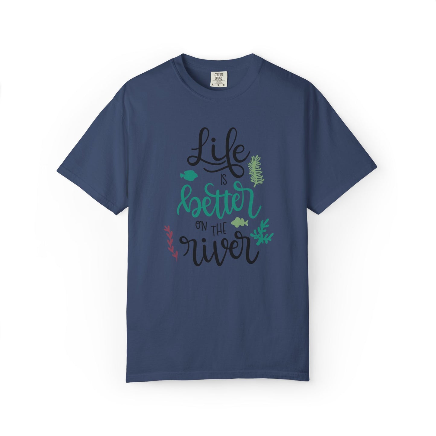 Life Is Better On The River Sand Seashells Waves Tee Elegance Glasses Amazing Fishes Unisex Heavy Cotton T-Shirt