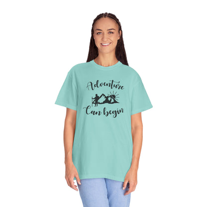 Adventure Can Begin Trendy Tee Enjoyment Mountain Hut Belays Ropes Fun Activities Exploring Unisex Heavy Cotton T-Shirt
