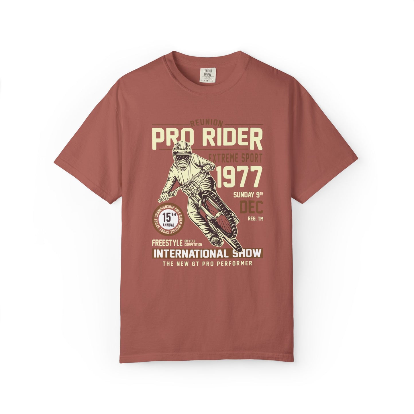 Vintage Reunion Pro Rider Extreme Sport 1977 Free Style Retro Bicycle Two Wheeled Adventure Unisex Heavy Cotton T-Shirt