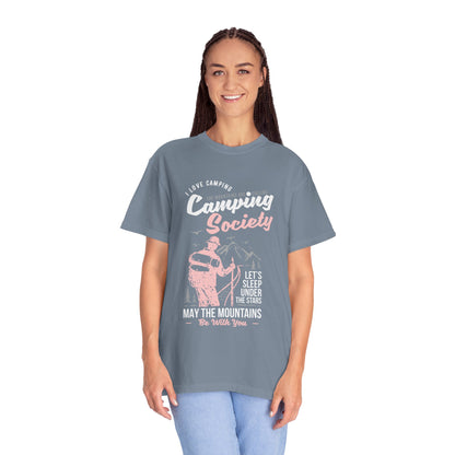 Funny Camping Society I Love Camping Enthusiastic Traveler Sarcastic Adventure Birds In The Mountains Unisex Heavy Cotton T-Shirt