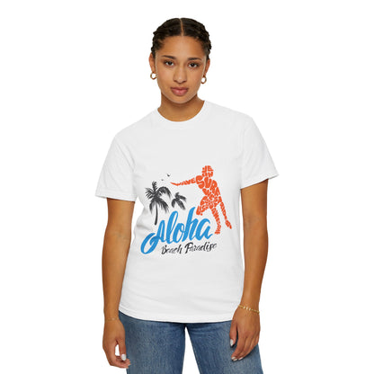Funny Aloha Beach Paradise White Sand Coconut Tress Beach Party Beach Bar Beach Surfers Unisex Heavy Cotton T-Shirt