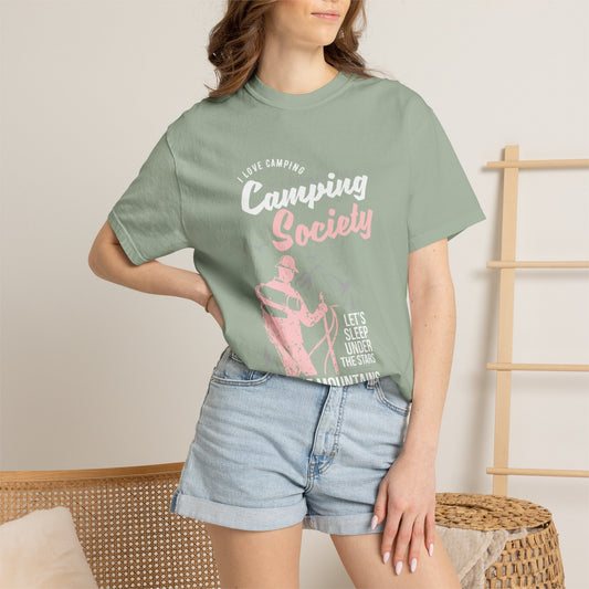 Funny Camping Society I Love Camping Enthusiastic Traveler Sarcastic Adventure Birds In The Mountains Unisex Heavy Cotton T-Shirt