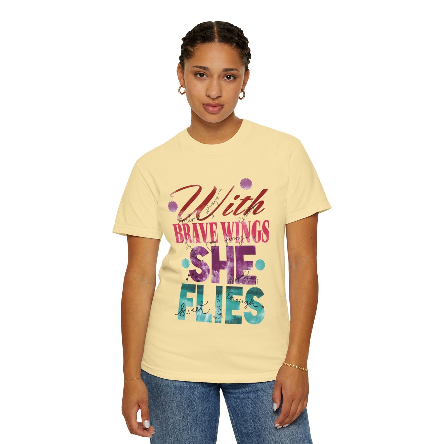 With Brave Wings She Flies Encouragement Self-belief Tee Moral Support Hopefulness Positivity High Achievements Unisex Heavy Cotton T-Shirt