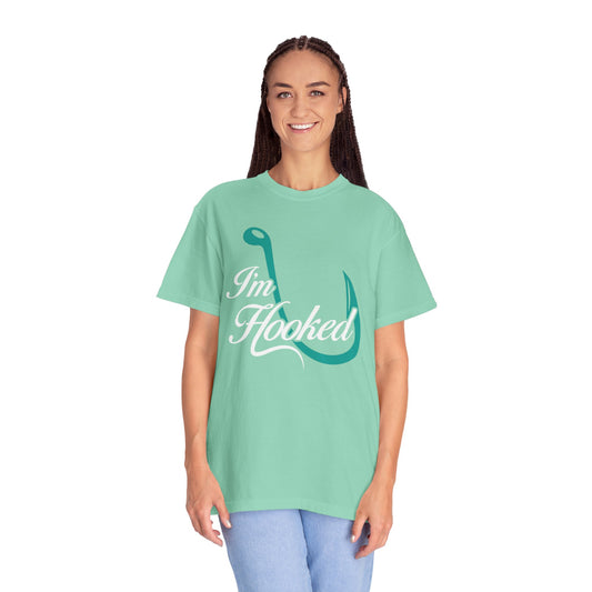 Funny I’m Hooked Rod and Reel Tackle Box Catch Of The Day Sarcastic Fishing Adventure Unisex Heavy Cotton T-Shirt