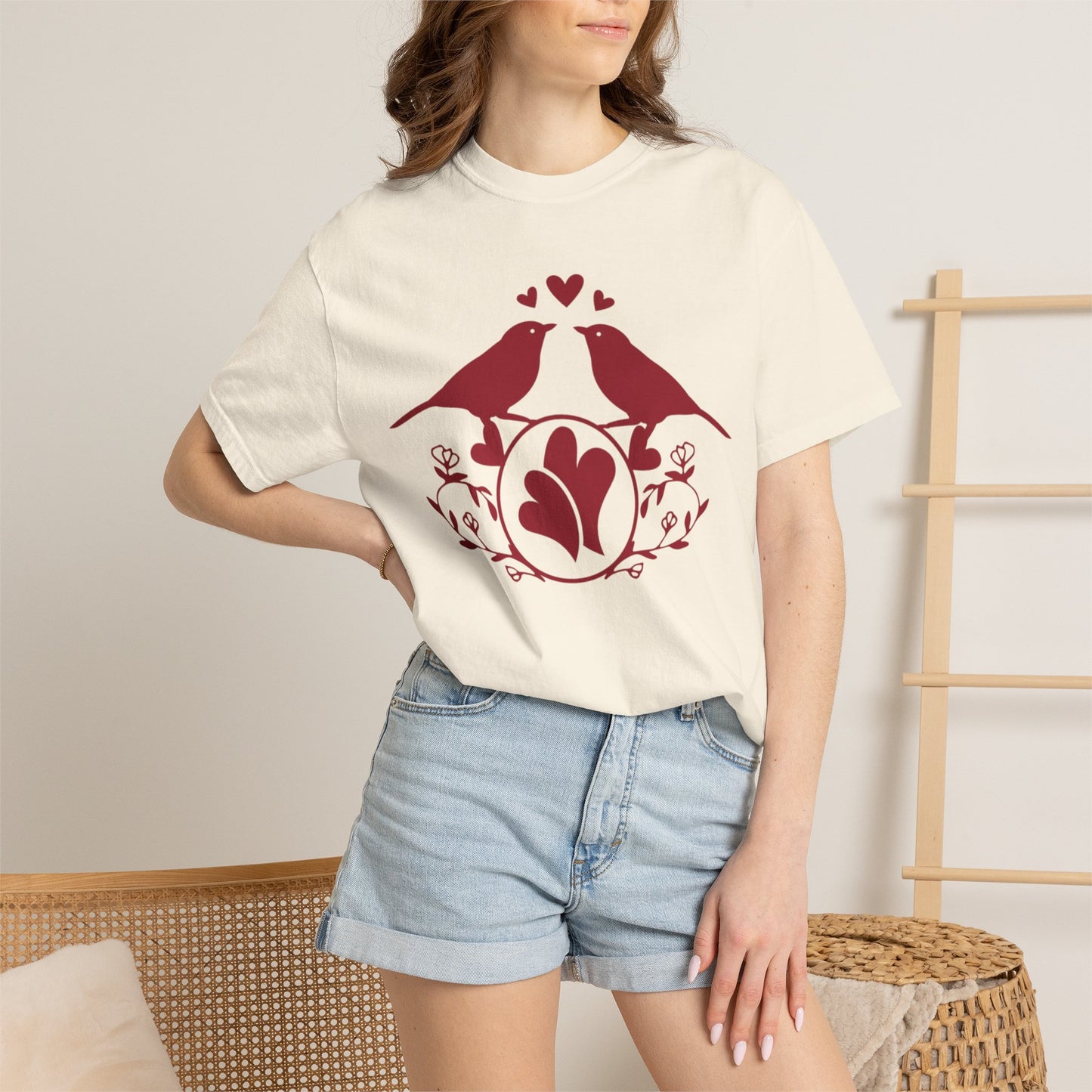 Romantic Love Birds Monogram Boundless Love Affection Lover’s Tee Infinite Bliss Butterfly Kisses Evergreen Romance Unisex Heavy Cotton T-Shirt