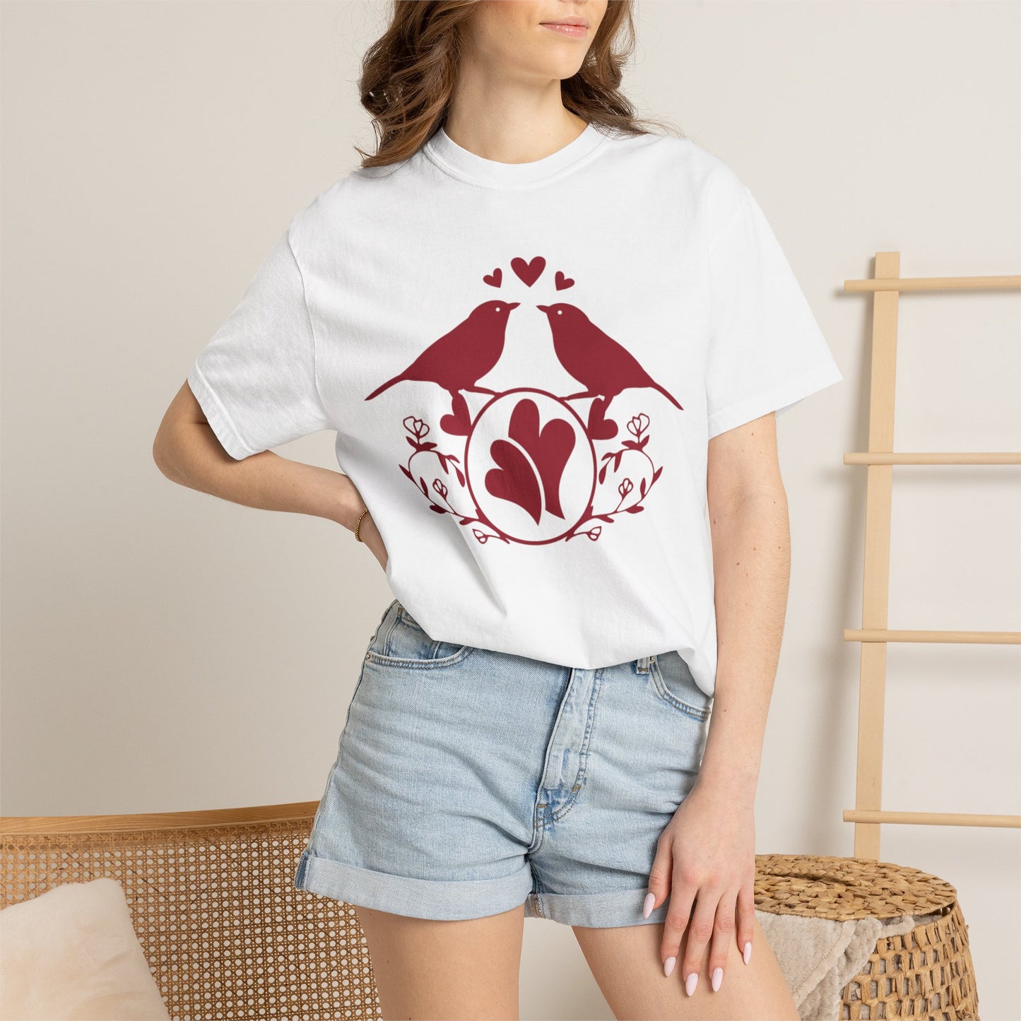 Romantic Love Birds Monogram Boundless Love Affection Lover’s Tee Infinite Bliss Butterfly Kisses Evergreen Romance Unisex Heavy Cotton T-Shirt